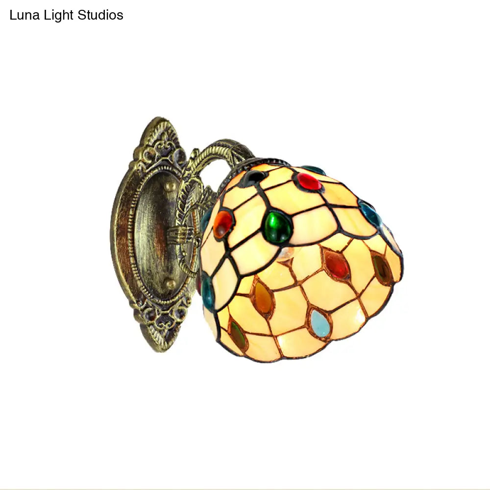 Retro Style Stained Glass Wall Sconce With Jewel Pattern In Yellow - 1 Light Dome Shade