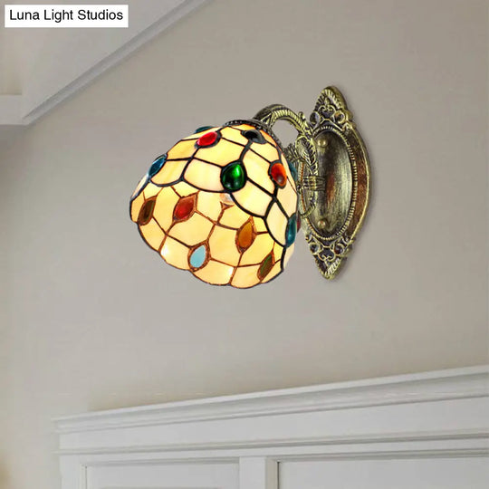 Retro Style Stained Glass Wall Sconce With Jewel Pattern In Yellow - 1 Light Dome Shade