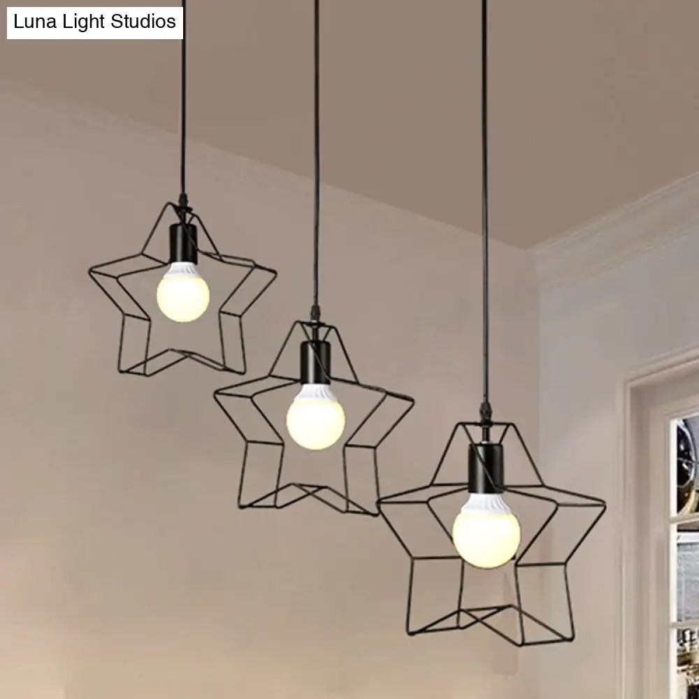 Retro Style Star Pendant Light With Wire Guard Perfect For Coffee Shops - Black Metal Finish 3 Heads