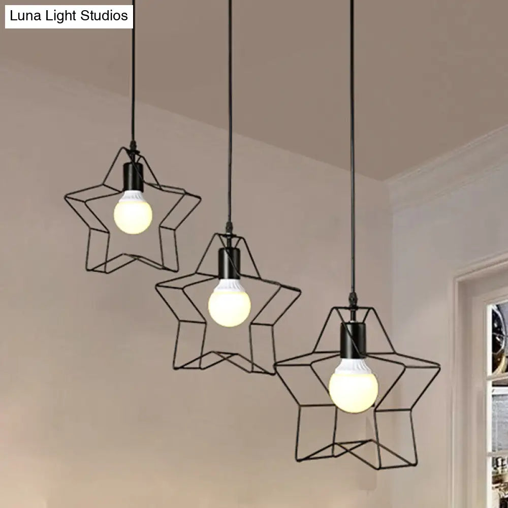 Retro Style Star Pendant Light - 3 Heads Metallic Hanging Fixture With Wire Guard In Black For