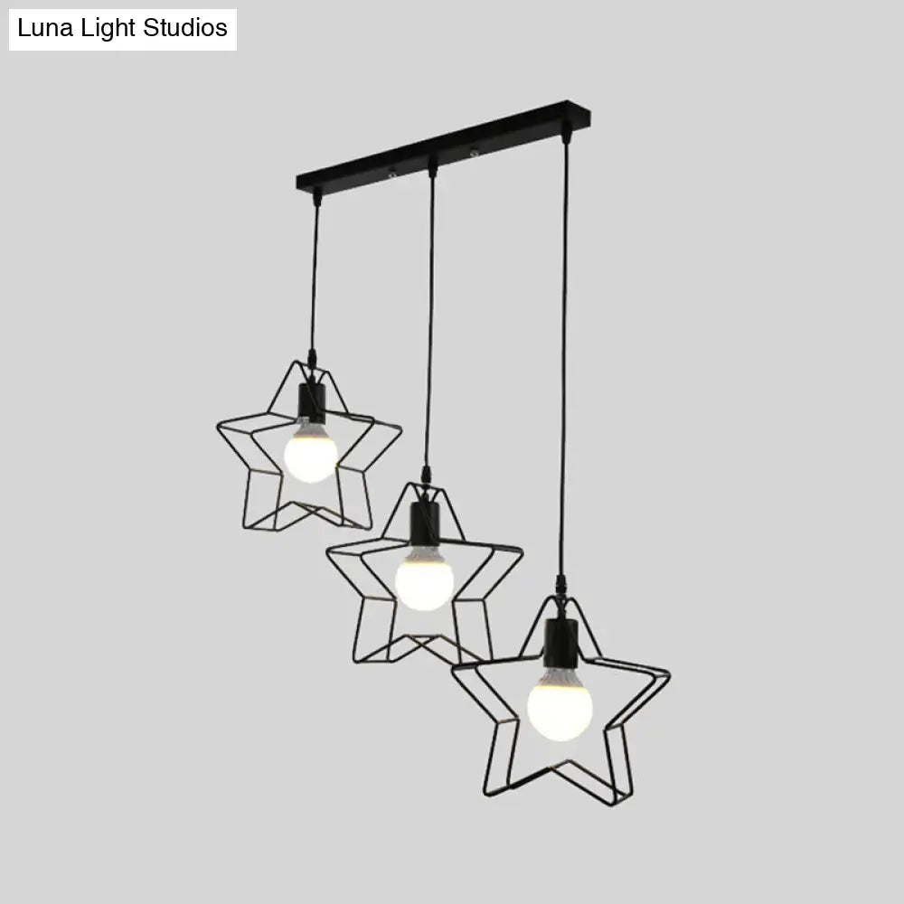 Retro Style Star Pendant Light With Wire Guard Perfect For Coffee Shops - Black Metal Finish 3 Heads