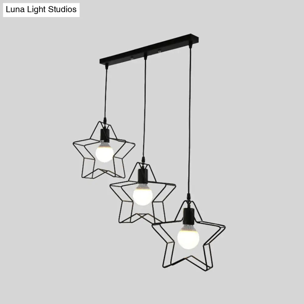 Retro Style Star Pendant Light - 3 Heads Metallic Hanging Fixture With Wire Guard In Black For