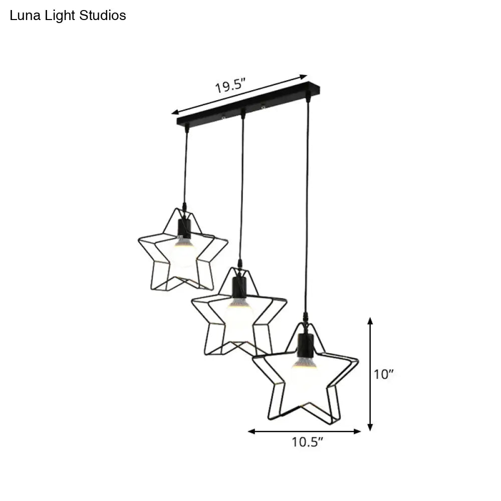 Retro Style Star Pendant Light - 3 Heads Metallic Hanging Fixture With Wire Guard In Black For
