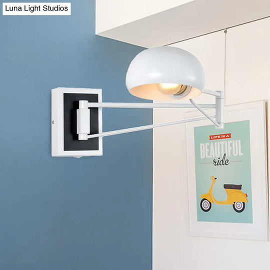 Retro Style Swing Arm Metal Wall Sconce Light With Dome Shade - Black/White Bedside Lighting