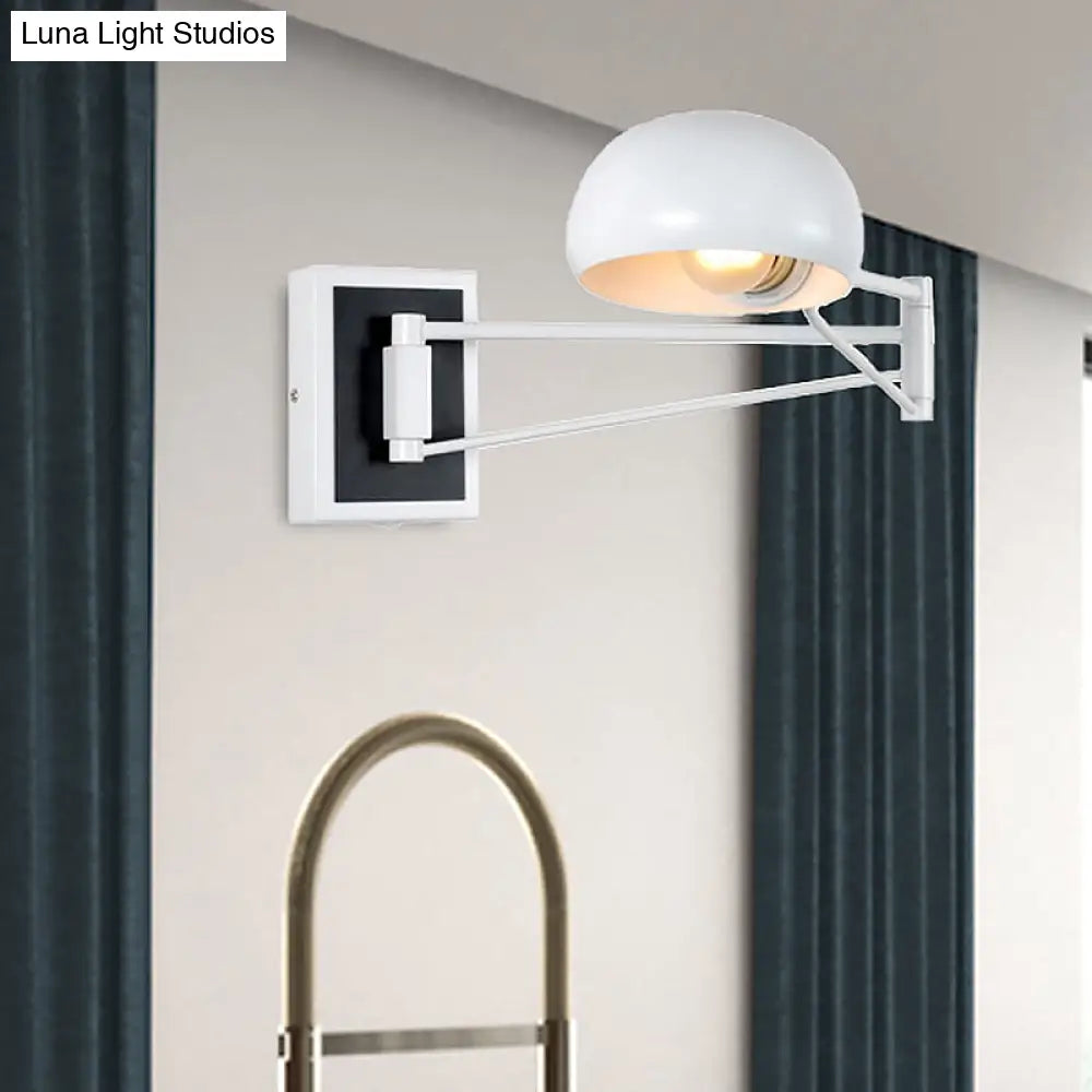 Retro Style Swing Arm Metal Wall Sconce Light With Dome Shade - Black/White Bedside Lighting