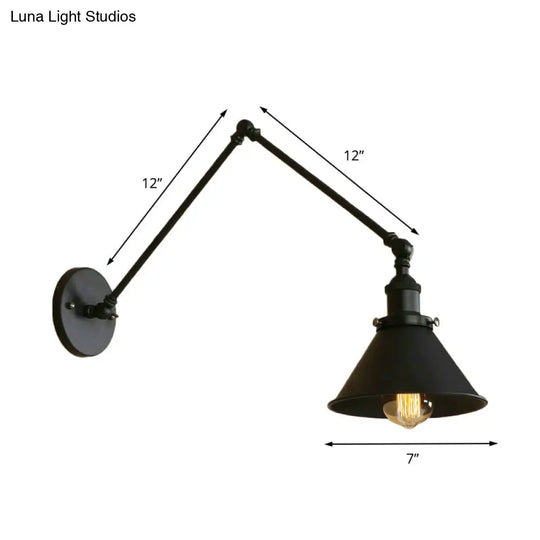 Retro Style Swing Arm Wall Lamp: 1-Head Sconce With Conic Shade Metal Indoor - Black