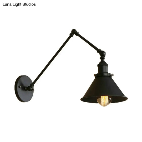 Retro Style Swing Arm Wall Lamp: 1-Head Sconce With Conic Shade Metal Indoor - Black