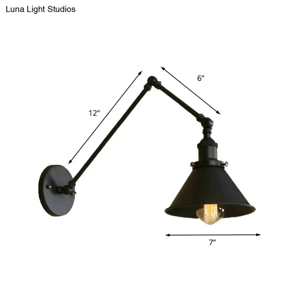 Retro Style Swing Arm Wall Lamp: 1-Head Sconce With Conic Shade Metal Indoor - Black