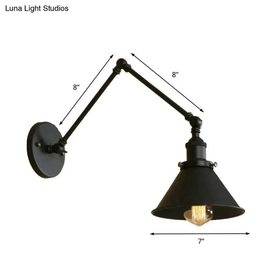 Retro Style Swing Arm Wall Lamp: 1-Head Sconce With Conic Shade Metal Indoor - Black