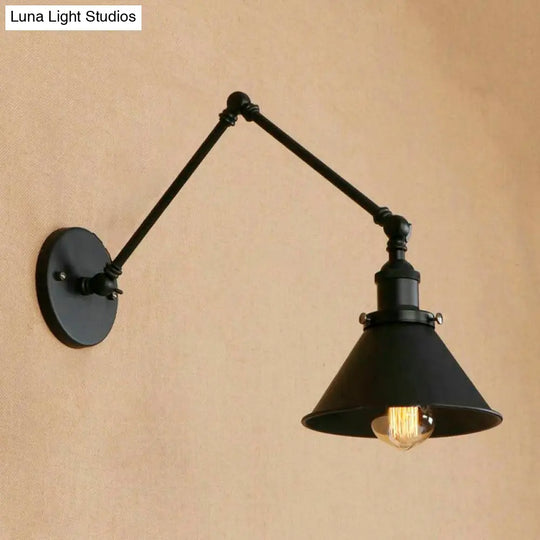 Retro Style Swing Arm Wall Lamp: 1-Head Sconce With Conic Shade Metal Indoor - Black