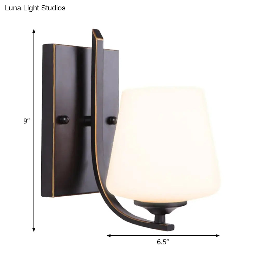 Retro Style Wall Sconce With Black Cup-Like Glass Shade Single Bulb And Metal Backplate