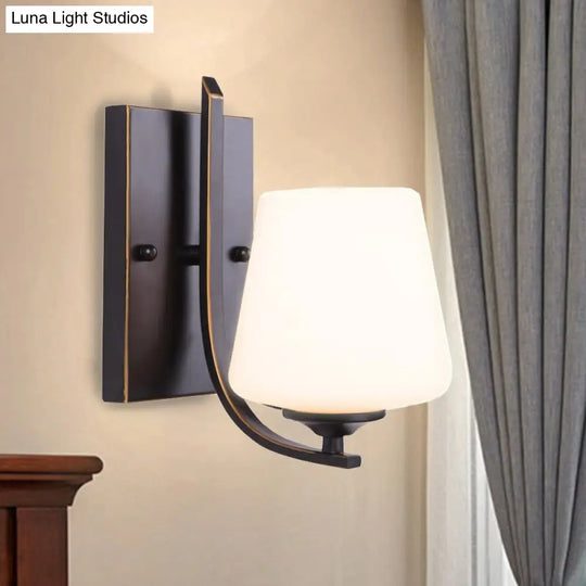 Retro Style Wall Sconce With Black Cup-Like Glass Shade Single Bulb And Metal Backplate