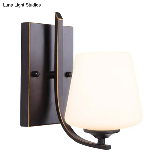 Retro Style Wall Sconce With Black Cup-Like Glass Shade Single Bulb And Metal Backplate