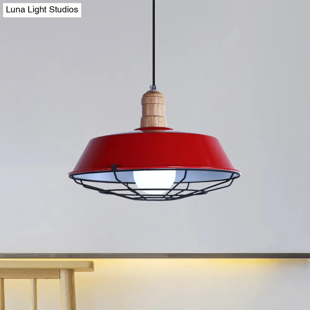 Retro-Style Wire Cage Suspension Lamp With Barn Shade - 1 Bulb Ceiling Fixture For Dining Room In