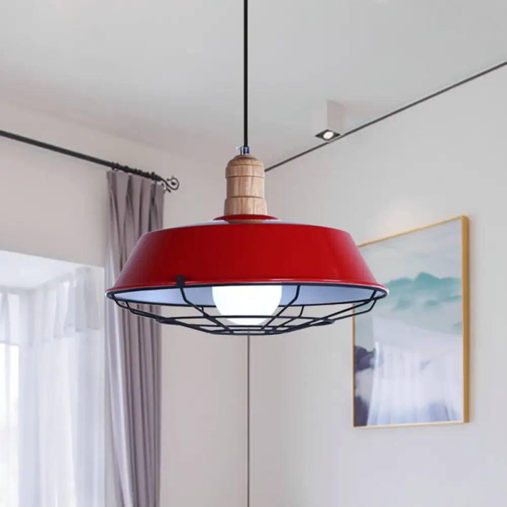 Retro Style Wire Cage Metal Suspension Lamp With Barn Shade - Ceiling Fixture In Blue/Green/Red Red
