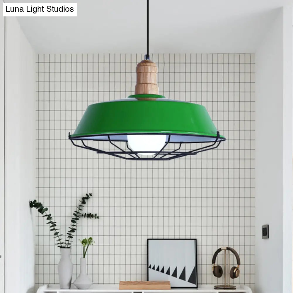 Retro Style Wire Cage Metal Suspension Lamp With Barn Shade - Ceiling Fixture In Blue/Green/Red