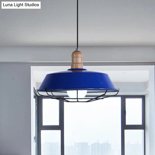 Retro Style Wire Cage Metal Suspension Lamp With Barn Shade - Ceiling Fixture In Blue/Green/Red