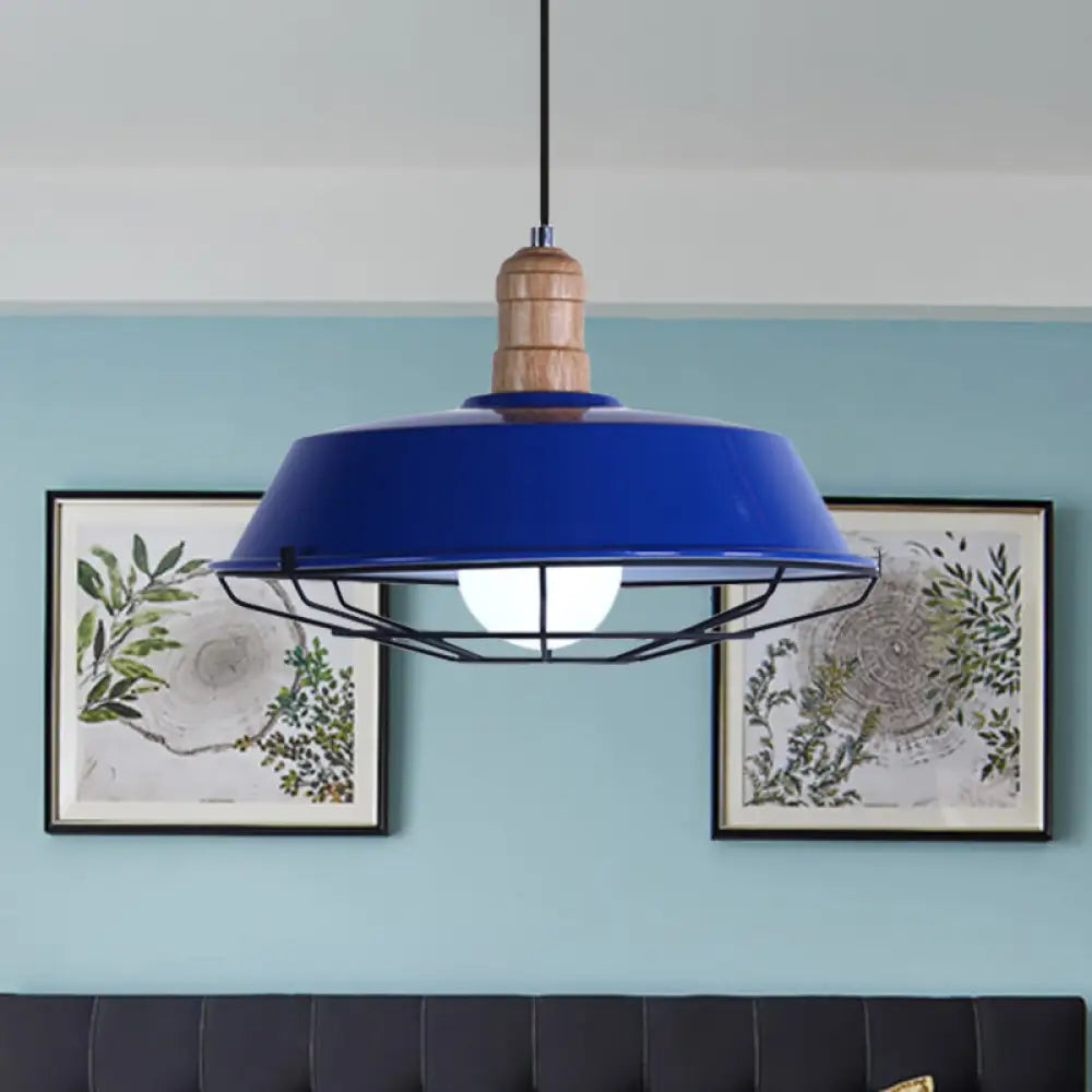 Retro Style Wire Cage Metal Suspension Lamp With Barn Shade - Ceiling Fixture In Blue/Green/Red Blue