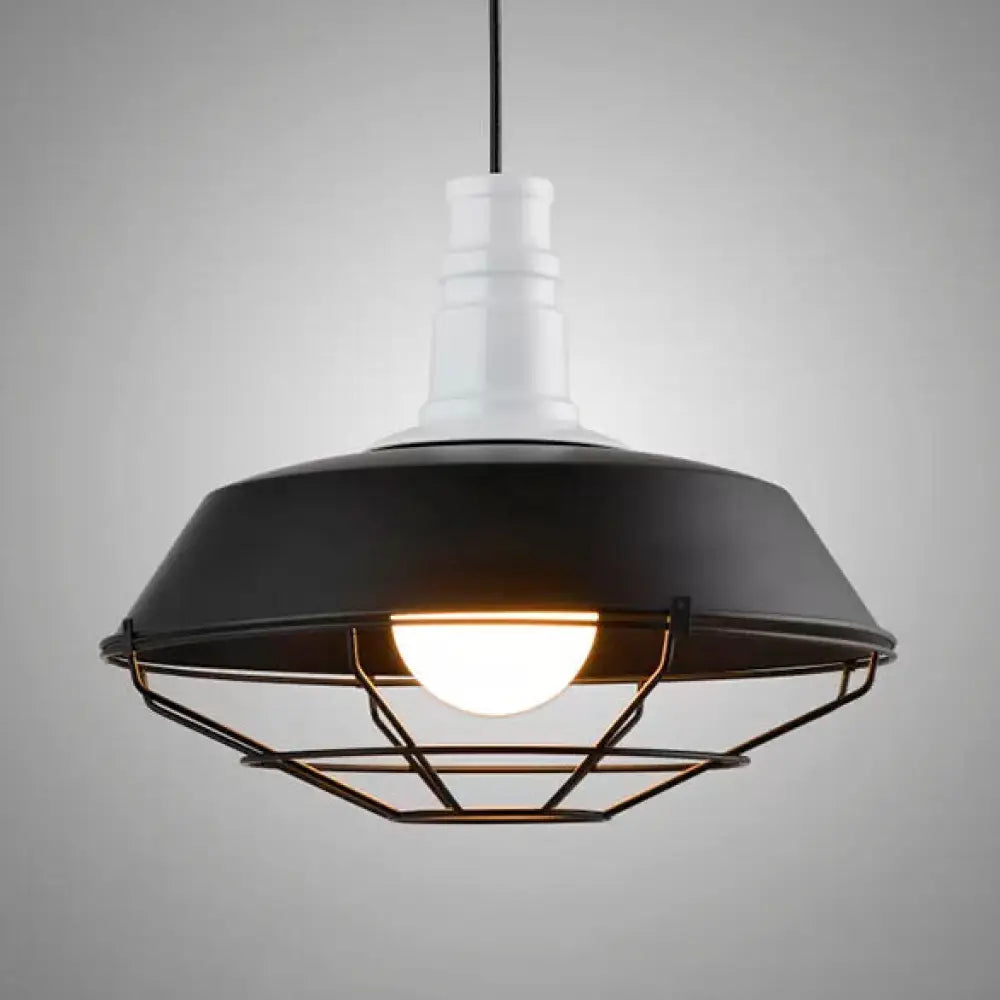 Retro-Style Wire Pendant Light With Barn Shade In Black/White - 1-Light Kitchen Ceiling Fixture