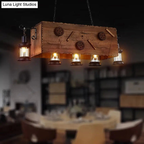 Retro Style Wood And Metal Chandelier: Rectangle Kitchen Light 5 Lights Brown Lantern Shade