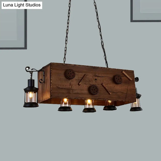 Retro Style 5-Light Kitchen Chandelier: Rectangle Design With Light Wood And Metal Lantern Shade