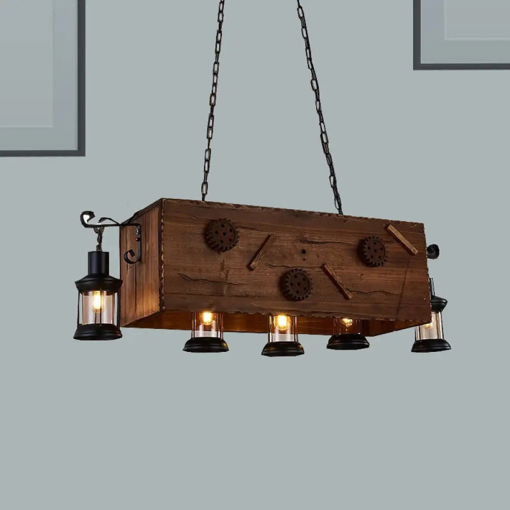 Retro Style Wood And Metal Chandelier: Rectangle Kitchen Light 5 Lights Brown Lantern Shade