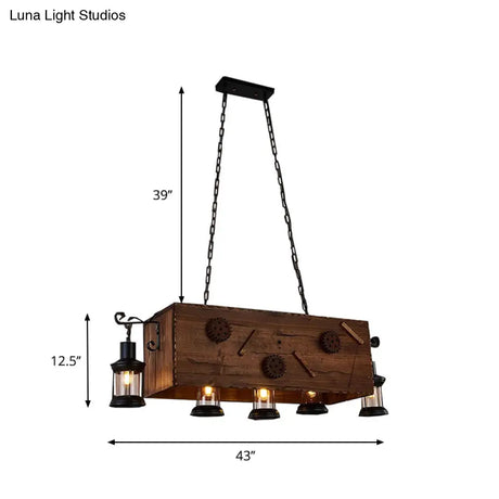 Retro Style Wood And Metal Chandelier: Rectangle Kitchen Light 5 Lights Brown Lantern Shade