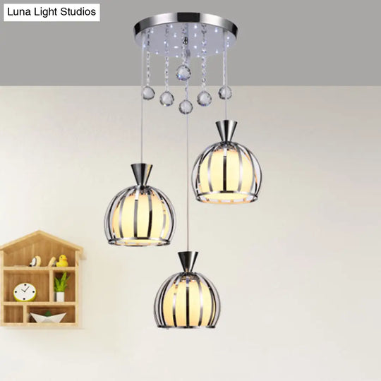 Retro Domed Cage Pendant Light With Clear Crystal Ball Deco - Stylish Metal Hanging Lamp (3 Lights)