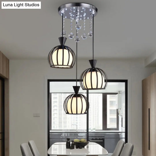 Retro Stylish Domed Cage Hanging Lamp - 3 Metal Pendant Lights With Clear Crystal Ball Deco In