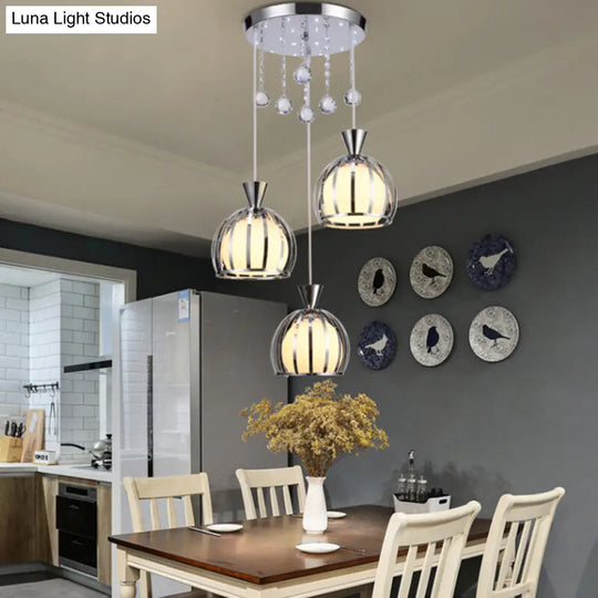 Retro Domed Cage Pendant Light With Clear Crystal Ball Deco - Stylish Metal Hanging Lamp (3 Lights)