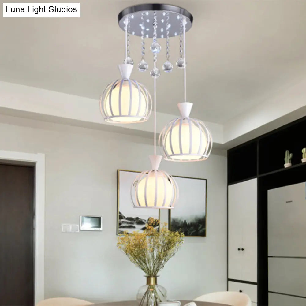 Retro Stylish Domed Cage Hanging Lamp - 3 Metal Pendant Lights With Clear Crystal Ball Deco In