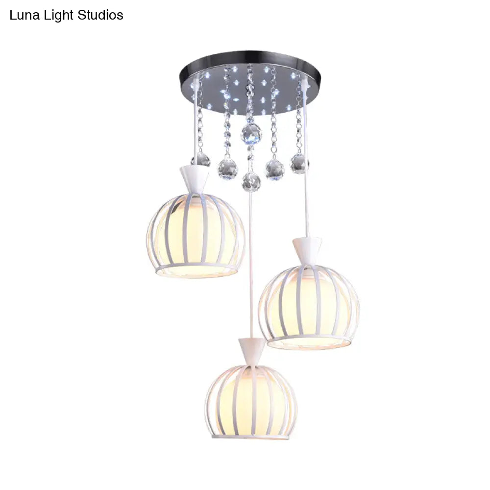 Retro Domed Cage Pendant Light With Clear Crystal Ball Deco - Stylish Metal Hanging Lamp (3 Lights)