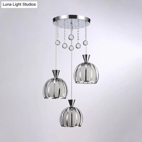 Retro Stylish Domed Cage Hanging Lamp - 3 Metal Pendant Lights With Clear Crystal Ball Deco In