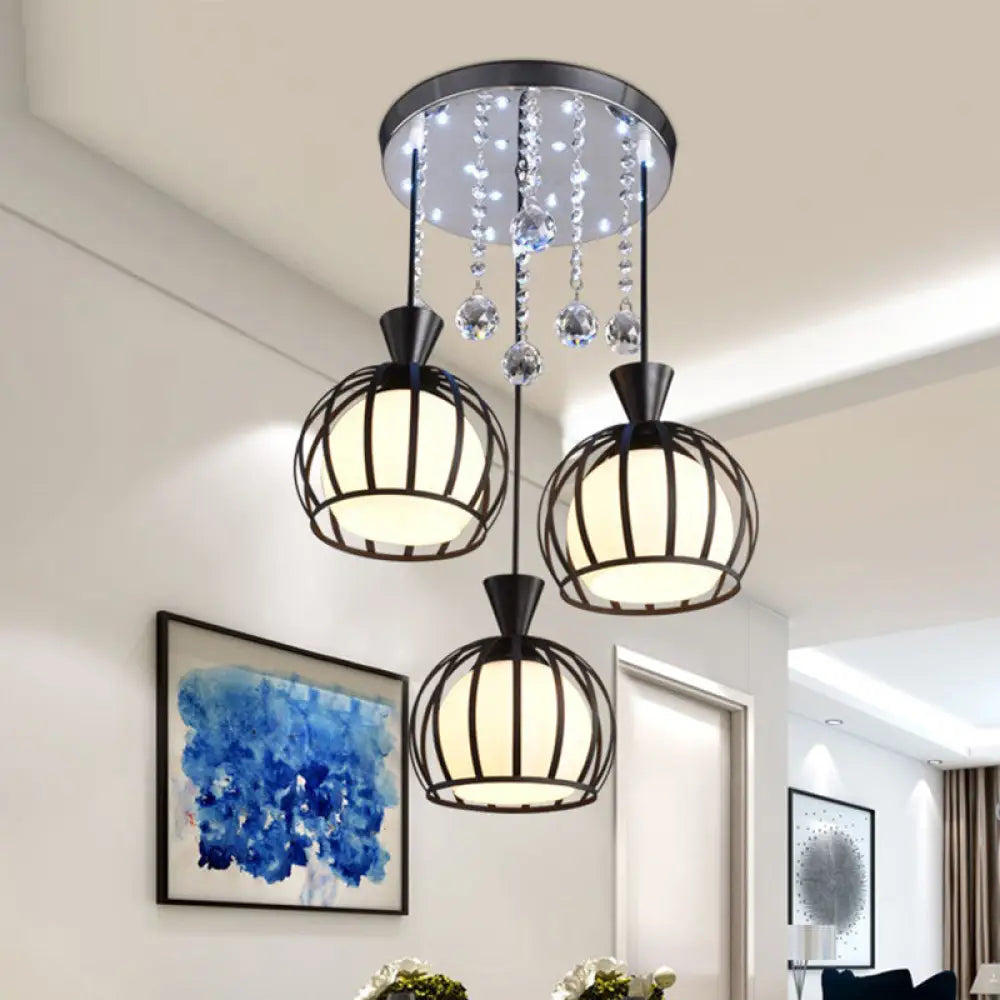 Retro Stylish Domed Cage Hanging Lamp - 3 Metal Pendant Lights With Clear Crystal Ball Deco In