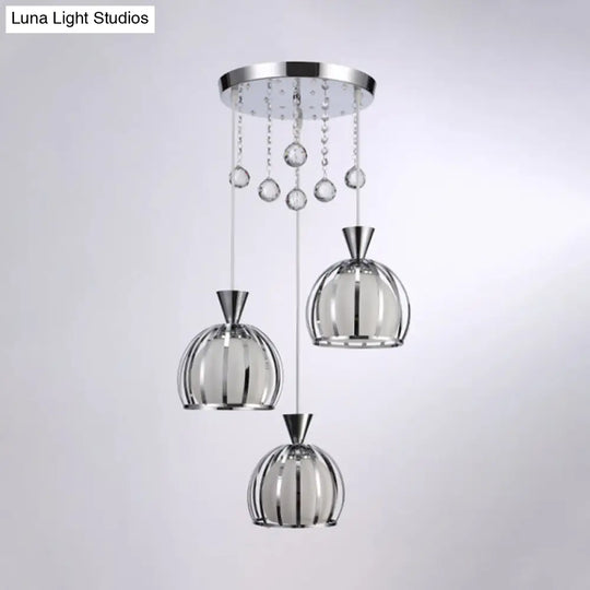 Retro Domed Cage Pendant Light With Clear Crystal Ball Deco - Stylish Metal Hanging Lamp (3 Lights)