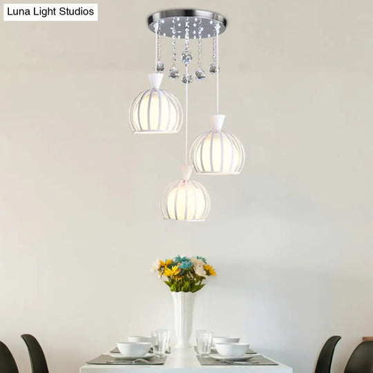 Retro Stylish Domed Cage Hanging Lamp - 3 Metal Pendant Lights With Clear Crystal Ball Deco In