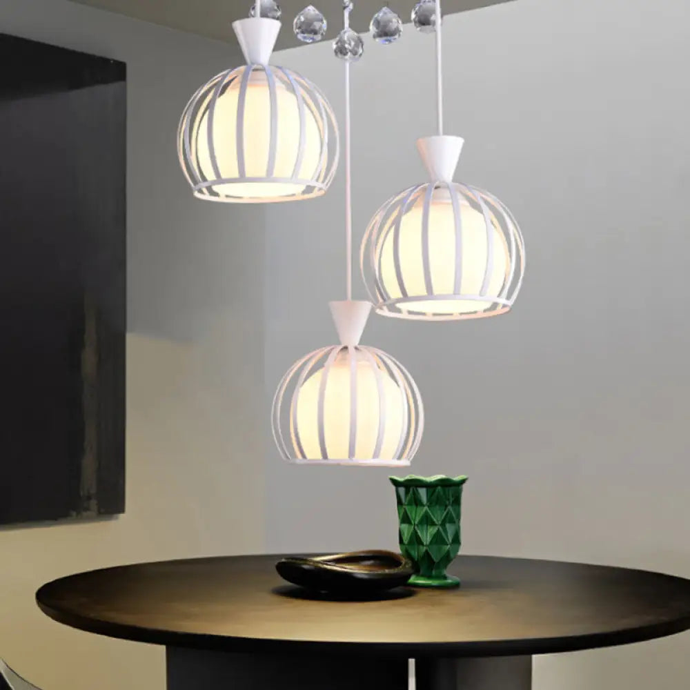 Retro Stylish Domed Cage Hanging Lamp - 3 Metal Pendant Lights With Clear Crystal Ball Deco In