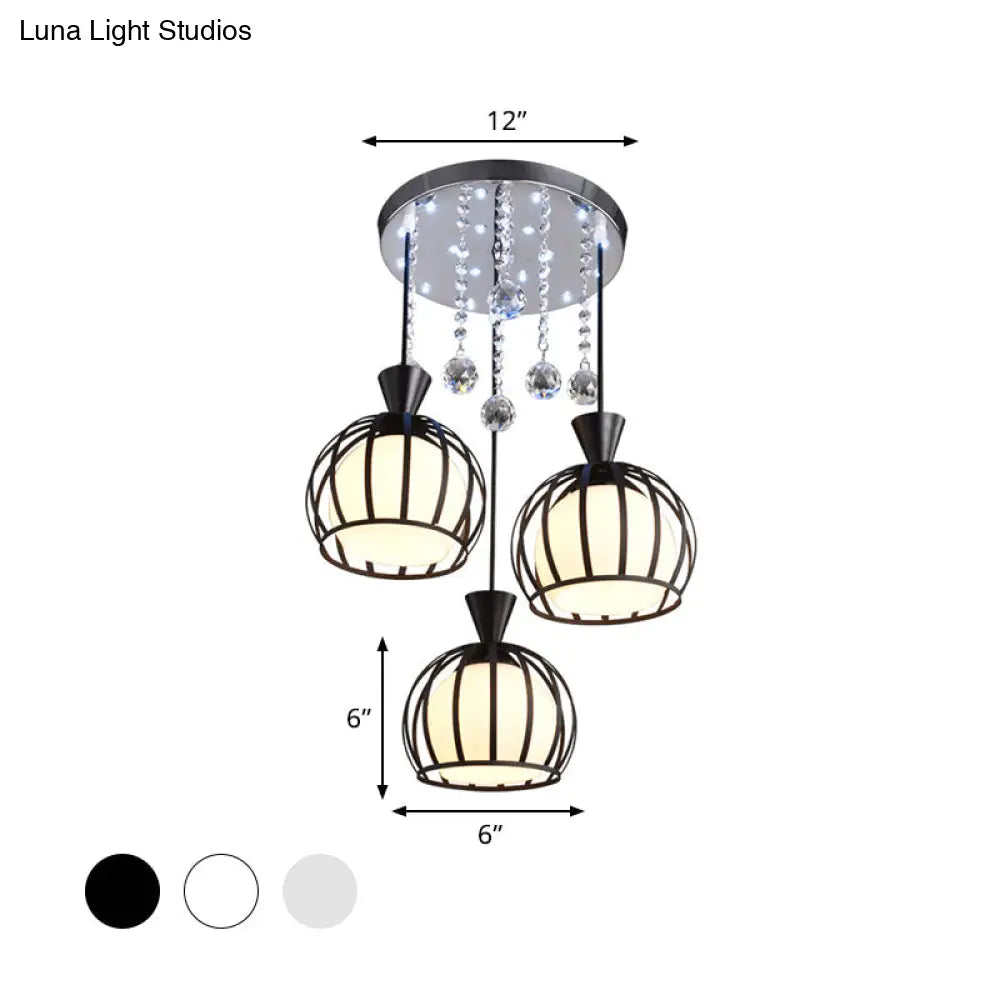 Retro Stylish Domed Cage Hanging Lamp - 3 Metal Pendant Lights With Clear Crystal Ball Deco In