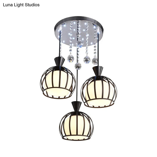 Retro Stylish Domed Cage Hanging Lamp - 3 Metal Pendant Lights With Clear Crystal Ball Deco In