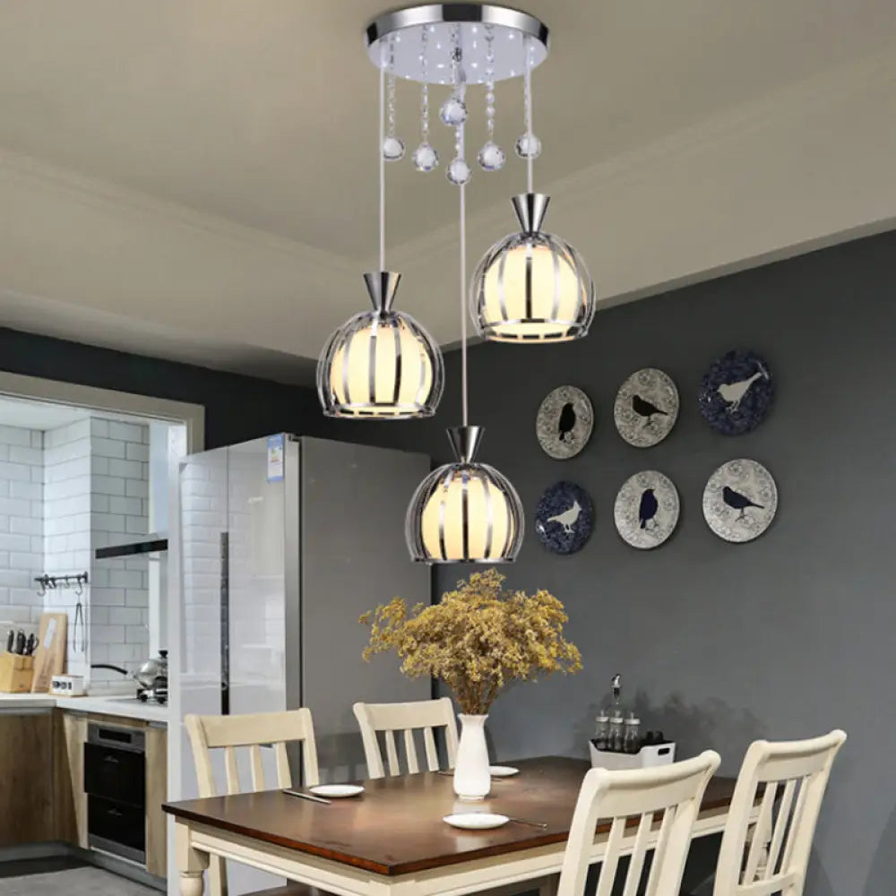 Retro Stylish Domed Cage Hanging Lamp - 3 Metal Pendant Lights With Clear Crystal Ball Deco In