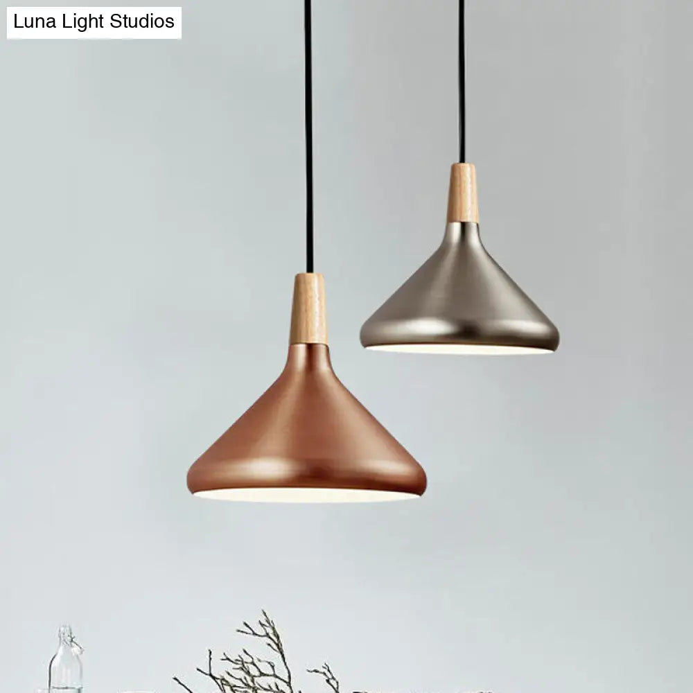 Conic Kitchen Pendant Light In Retro Style - Metal And Wood 1-Light Silver/Rose Gold 3 Sizes