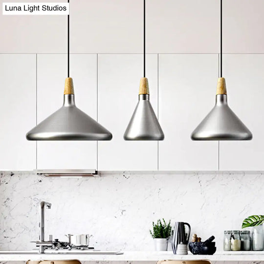 Conic Kitchen Pendant Light In Retro Style - Metal And Wood 1-Light Silver/Rose Gold 3 Sizes