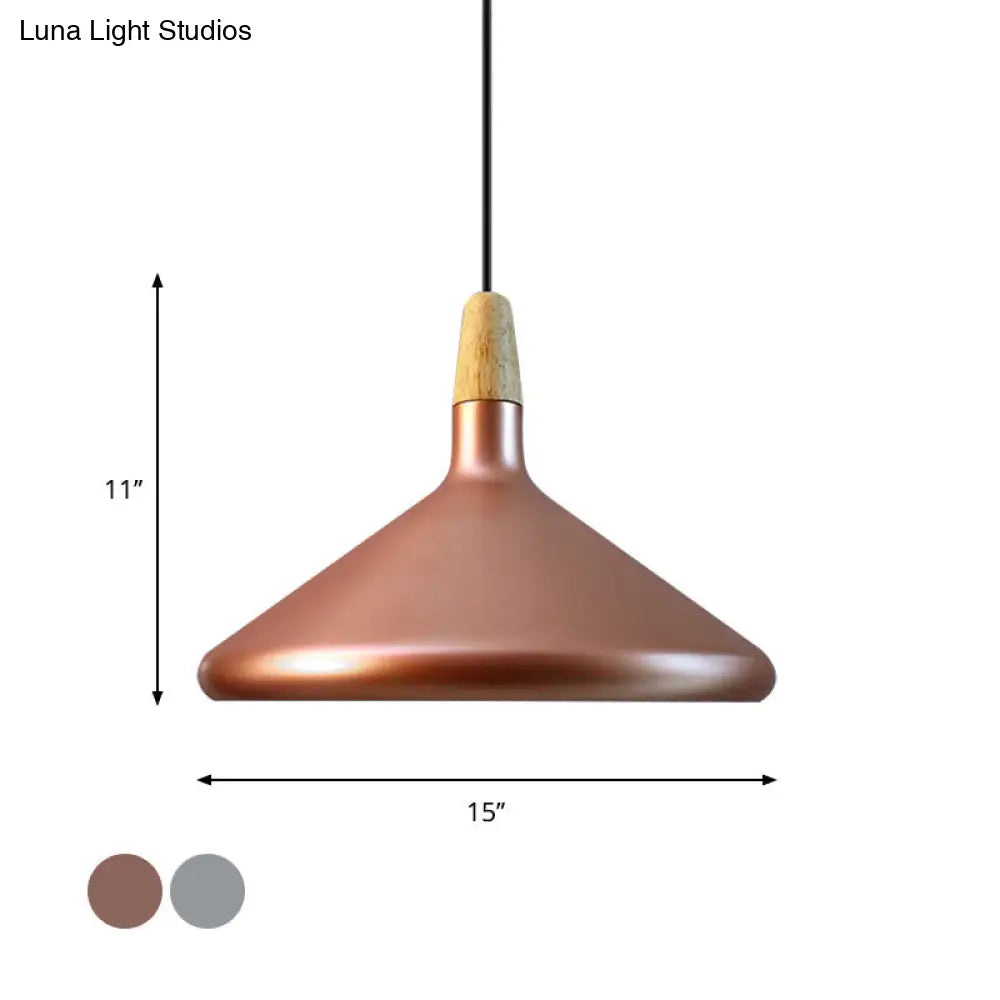 Conic Kitchen Pendant Light In Retro Style - Metal And Wood 1-Light Silver/Rose Gold 3 Sizes