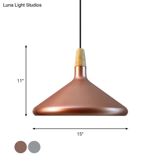 Conic Kitchen Pendant Light In Retro Style - Metal And Wood 1-Light Silver/Rose Gold 3 Sizes