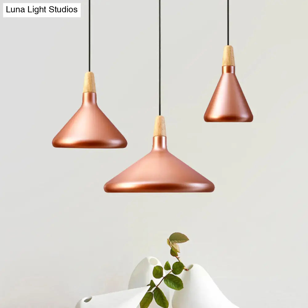 Conic Kitchen Pendant Light In Retro Style - Metal And Wood 1-Light Silver/Rose Gold 3 Sizes