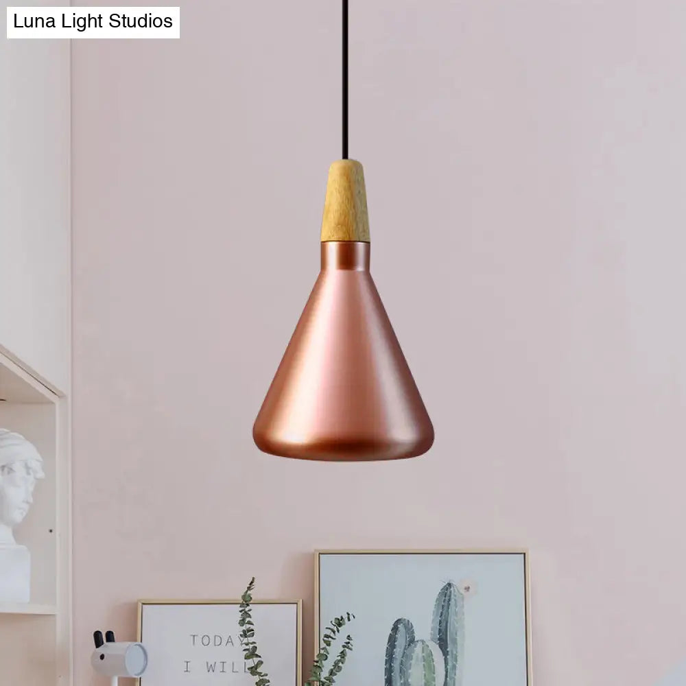 Conic Kitchen Pendant Light In Retro Style - Metal And Wood 1-Light Silver/Rose Gold 3 Sizes