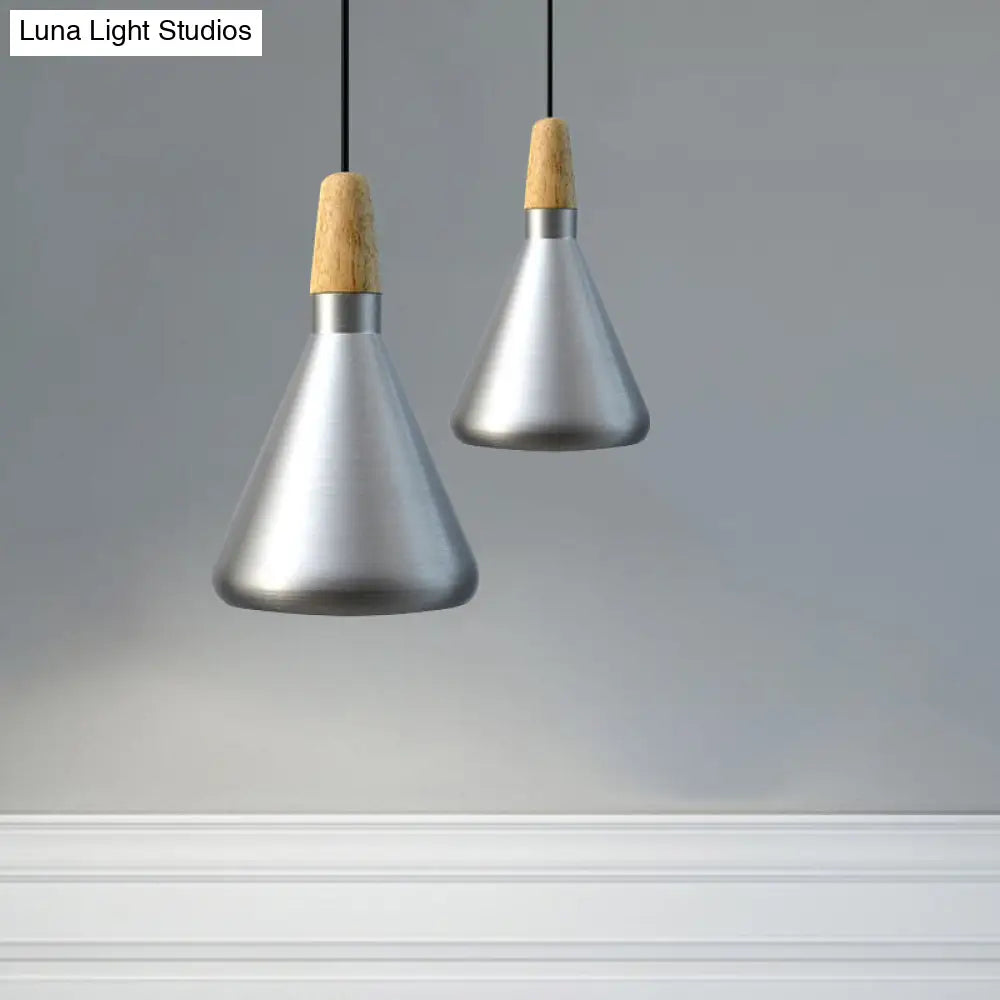 Conic Kitchen Pendant Light In Retro Style - Metal And Wood 1-Light Silver/Rose Gold 3 Sizes