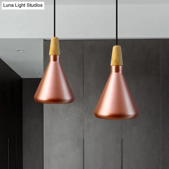 Conic Kitchen Pendant Light In Retro Style - Metal And Wood 1-Light Silver/Rose Gold 3 Sizes