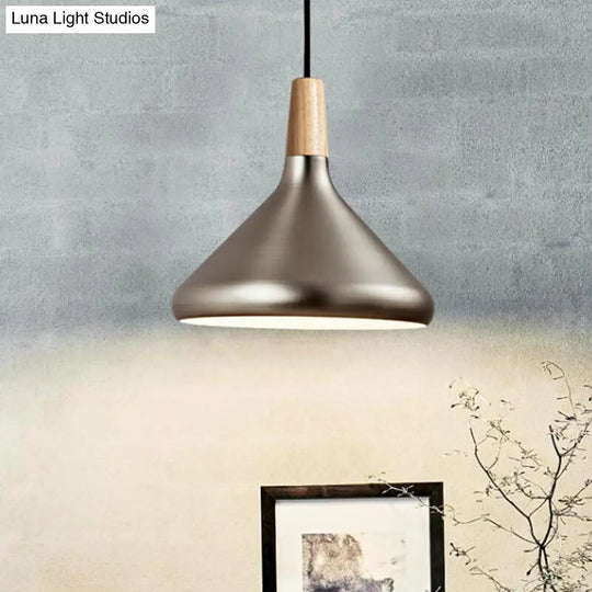 Conic Kitchen Pendant Light In Retro Style - Metal And Wood 1-Light Silver/Rose Gold 3 Sizes