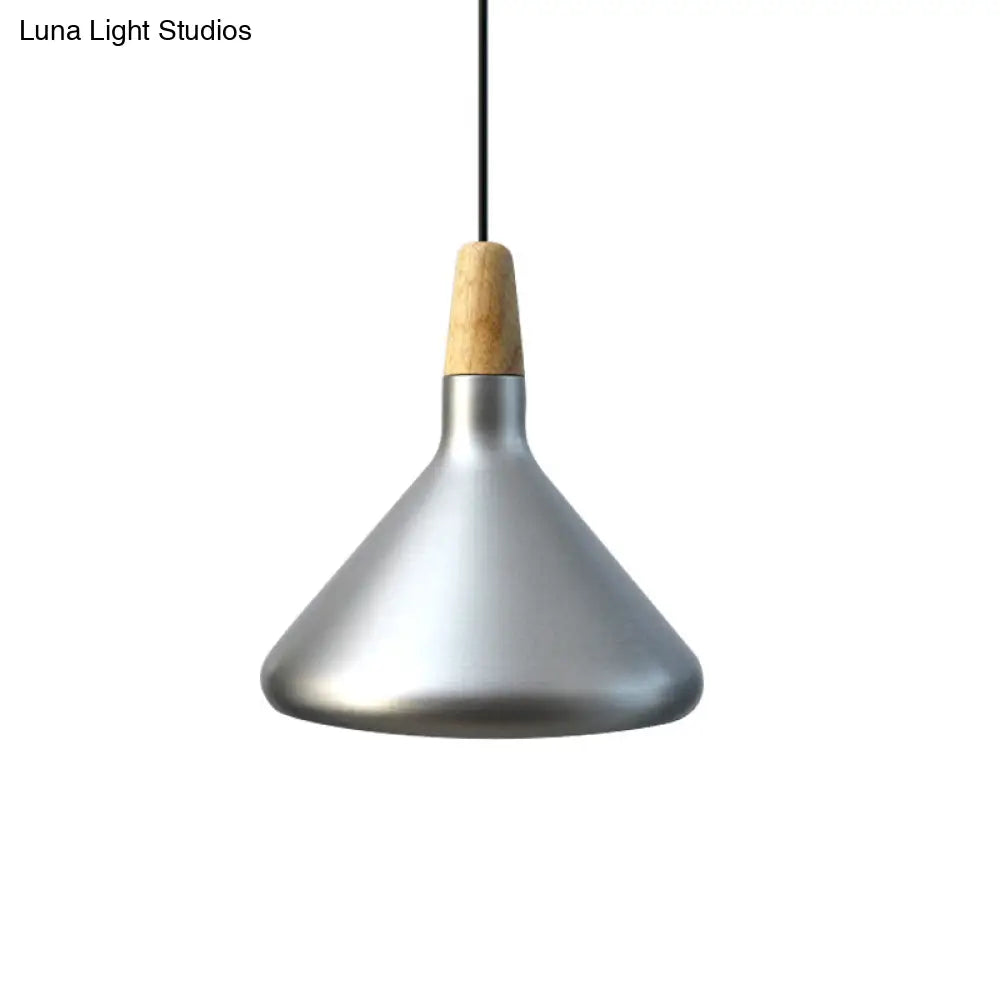 Conic Kitchen Pendant Light In Retro Style - Metal And Wood 1-Light Silver/Rose Gold 3 Sizes